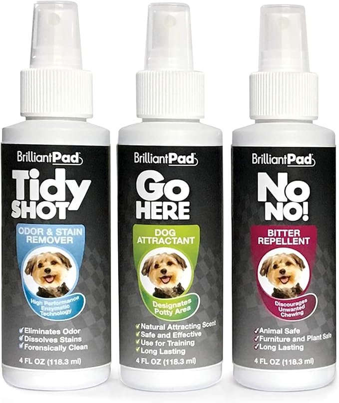 BrilliantPad Puppy Training Spray Kit | No Chew Deterrent, Pet Stain Remover & Odor Eliminator, Natural Attractant & Repellent | Stop Biting, Enzyme Cleaner for Dog & Cat Pee | 3 Bottles, 4oz Each