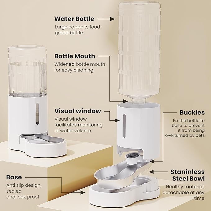 CZPET Automatic 9L Dog and Cat Water Dispenser with Stainless Steel Bowl Gravity Waterer,100% BPA-Free,Large Capacity and Drinking Area Noise-Free for Pets(9L Water Dispenser, White)