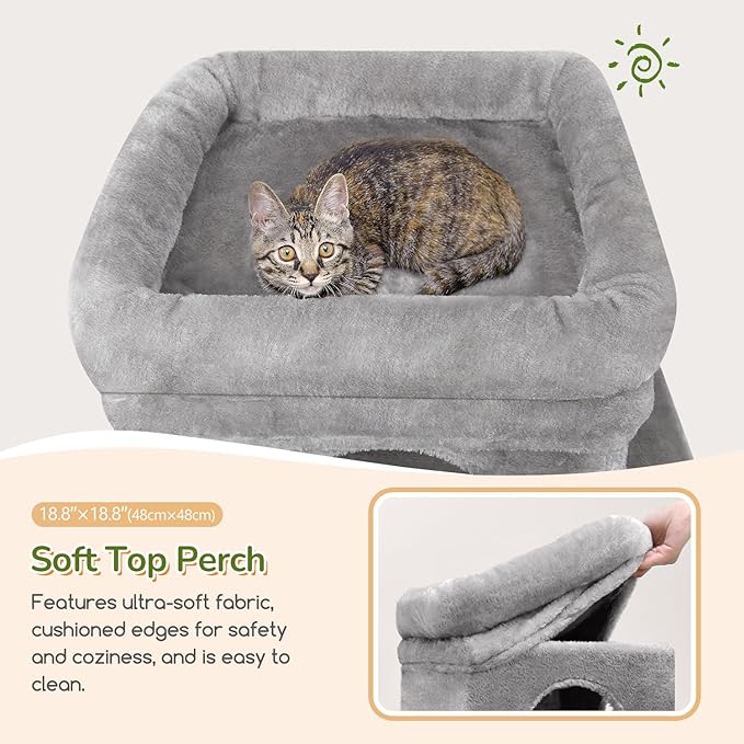 Globlazer Cat Tower for Indoor Cats, 52in Multi-Level Heavy Duty Cat Tower with 4 Scratching Posts, Ladder, Sturdy Cat Tree with 3 Cat Condos for Adult Cats Kittens, Hanging Basket, F52B, Light Grey
