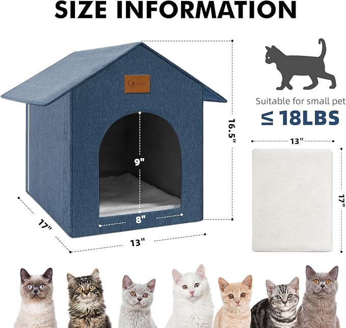 Outdoor Cat House Feral Cat Shelter,Outside Waterproof Cat House for Outdoor/Indoor Cats, Insulated Cat Bed for All Seasons with Cozy Cushion Easy to Assemble, Navy Blue