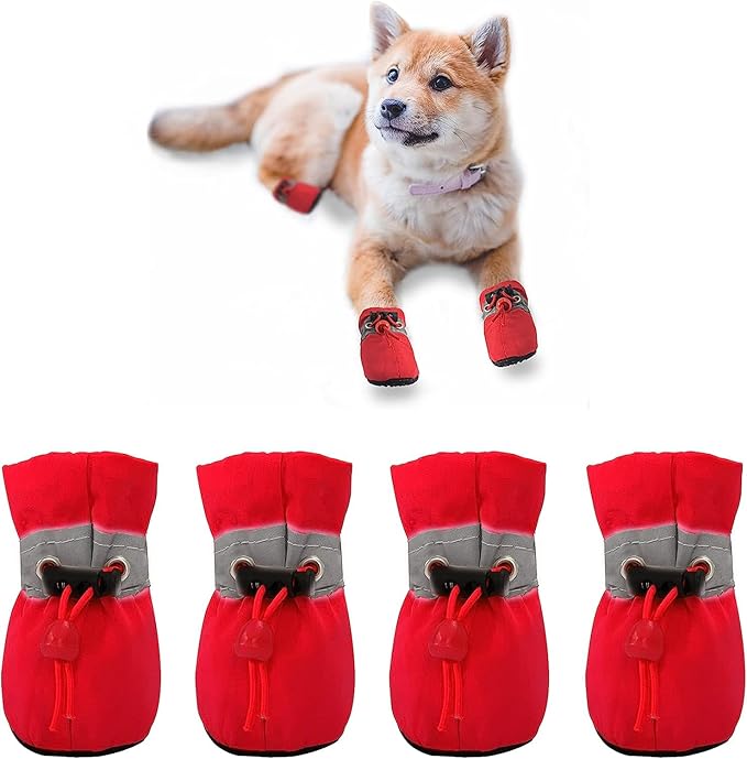 YAODHAOD Dog Shoes for Hot Pavement, Anti-Slip Sole Dog Boots & Paw Protector for Summer, Reflective Straps Dog Booties for Small Medium Dogs, Indoor Use 4PCS (Red,Size: 7)