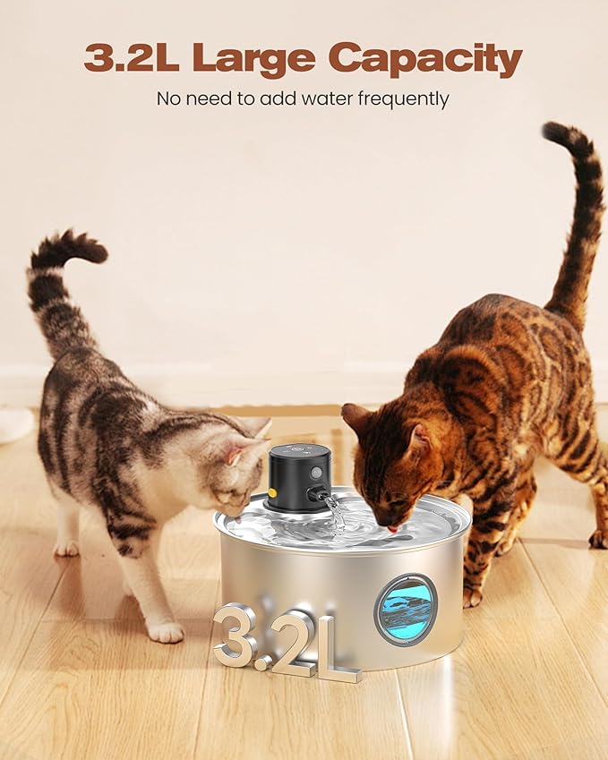 Cat Water Fountain Battery Powered: Cordless Cat Fountain Wireless - Rechargeable Pet Water Fountain Stainless Steel - 108oz/3.2L Automatic Kitty Water Fountain with Motion Sensor - 9 Filters