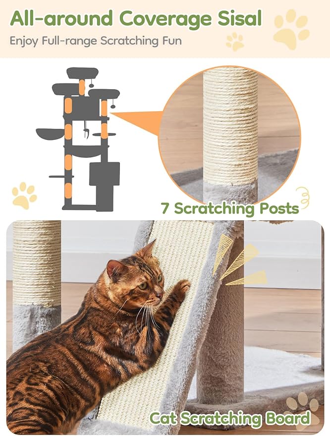 Taoqimiao 76-Inch Cat Tree with Scratching Posts,XXL Cat Tower for Large Cats with Cat Scratching Board,Extra-Large Metal Hammock,3 Perches, 2 Big Condos, Hanging Basket,MS047W,Light Gray