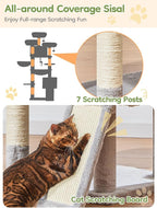 Taoqimiao 76-Inch Cat Tree with Scratching Posts,XXL Cat Tower for Large Cats with Cat Scratching Board,Extra-Large Metal Hammock,3 Perches, 2 Big Condos, Hanging Basket,MS047W,Light Gray