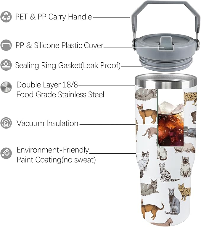 Cat Tumbler With Lid and Straw - 30oz Stainless Steel Cute Water Bottle Cup - Funny Gifts for Women