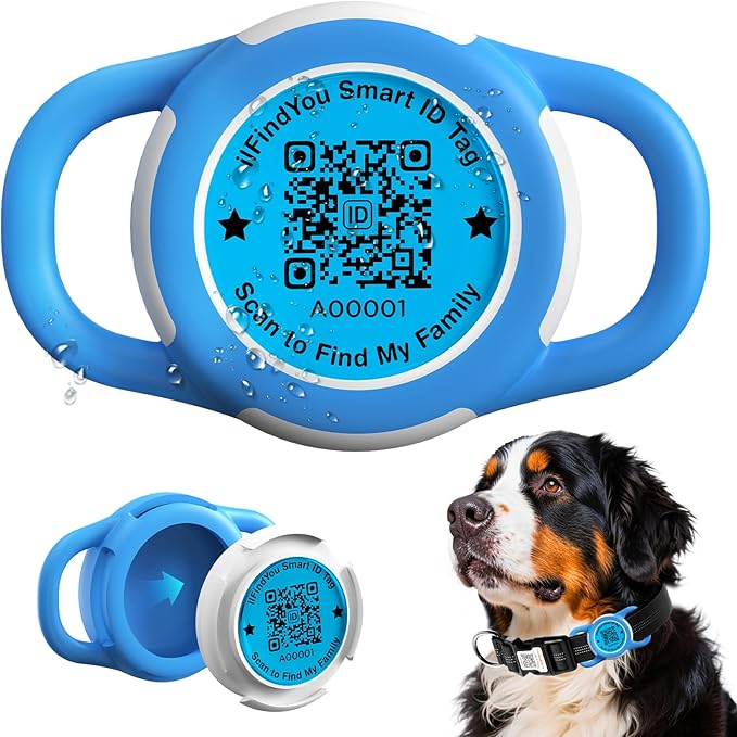 Waterproof AirTag Dog Collar Holder for Apple Tracker QR Code Case Blue