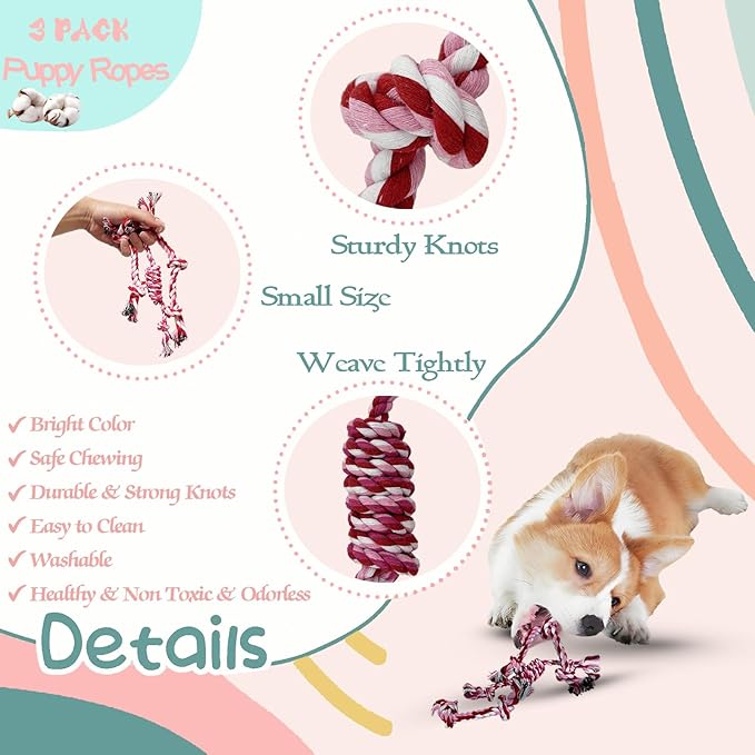 Puppy 3 Pack Cotton Knot Rope Toys for Small Dogs & Puppies, Durable Teething & Tug of War Chew Toy, Safe Interactive Toy for 2-8 Months Pets and High Active Puppy (Pink, Small)
