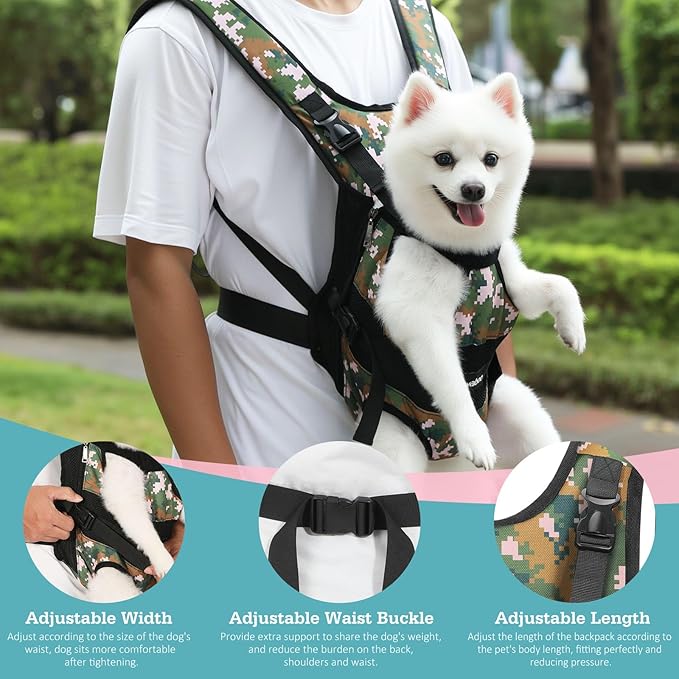 Pawaboo Pet Dog Front Carrier Backpacks, Legs Out Pet Carrier Backpack for Dogs, Adjustable Easy-fit Dog Chest Carriers for Small Medium Dogs Hands Free for Travel Hiking Cycling Camping, M, Camo