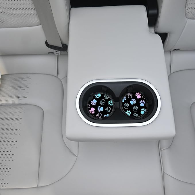 2 Pack Absorbent Car Coasters for Cup Holders,Ceramic Coasters with Cork Back and Finger Slot, Auto Accessories for Women & Men,2.56"(Gradient Black Dog paw Print)