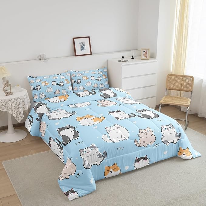 Erosebridal Kawaii Cat Bedding Queen for Girls Rainbow Kitten Comforter Set Cute Pet Bedding Comforter Sets Kids Cartoon Animal Duvet Insert Pastel Blue Quilted Duvet with 2 Pillow Shams Lightweight