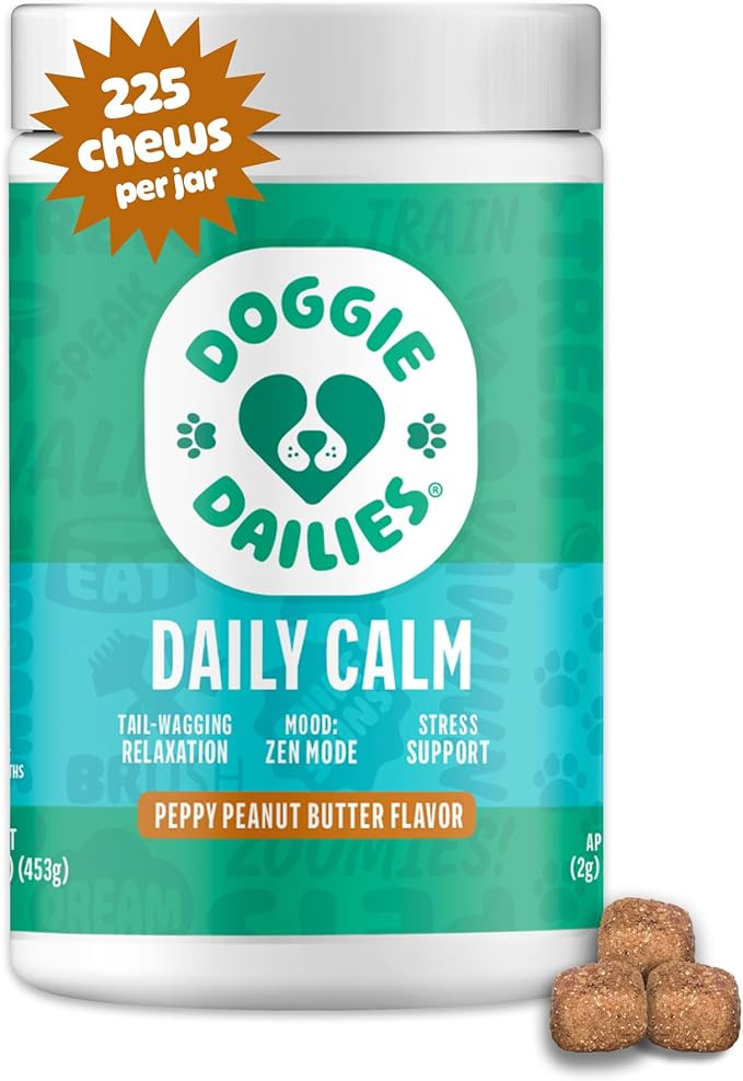 Doggie Dailies Calming Chews, Melatonin & Chamomile for Stress Relief, Relaxation & Anxiety (Peanut Butter, 225 Soft Chews)