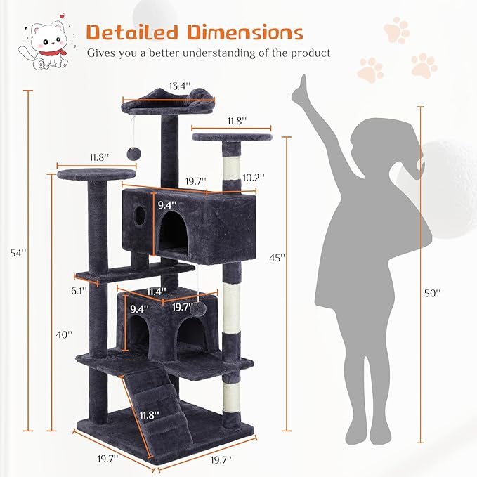 Sweetcrispy 54 Inch Cat Tree Tower, Multi-Level with Cat Scratching Post, Indoor Cat Condo with Climbing Ladder, Plush Toy, Play House for Cat, Grey