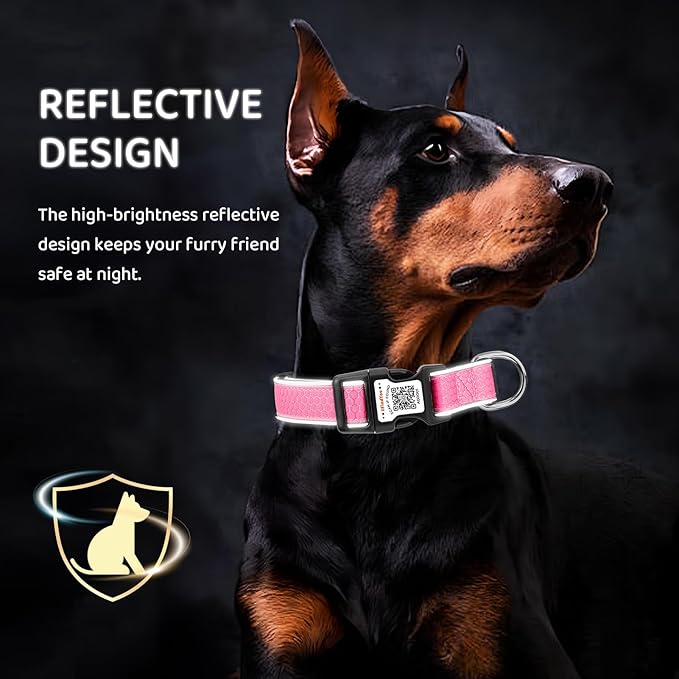 Personalized Dog Collar with QR Code tag for pet ID, Reflective Safety Collar, Suitable for Small, Medium, and Large Dogs (Pink, Medium)