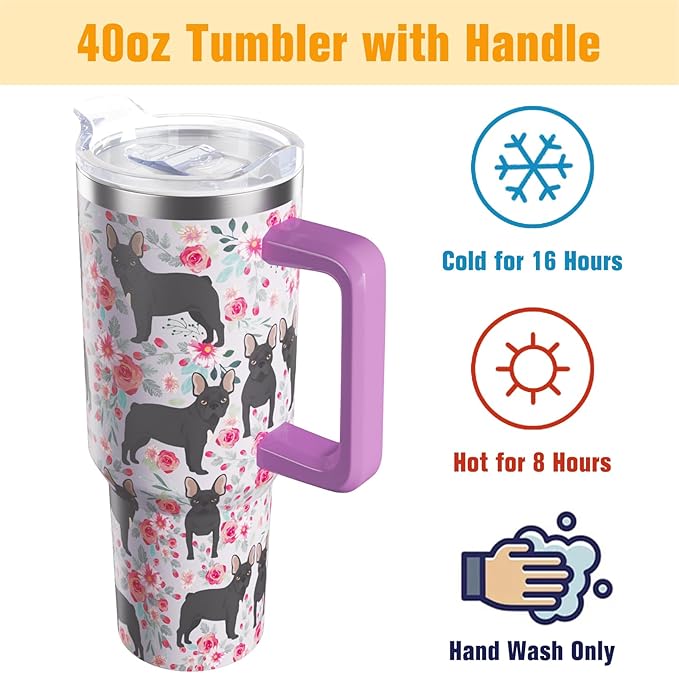 French Bulldog Gifts for Women Dog Lovers 40 oz Floral French Bulldog Tumblers with Handle and Straw, Stainless Steel Vacuum Insulated Travel Coffee Mug Cup Water Bottle