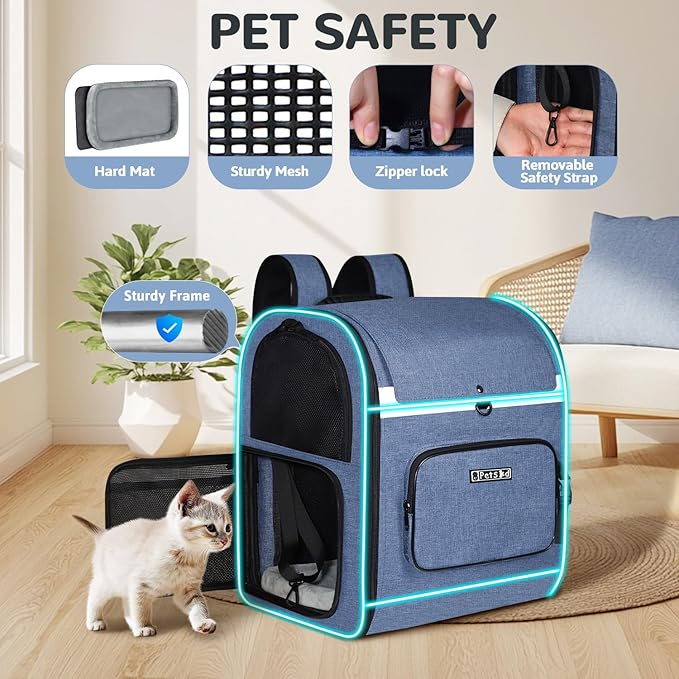 Petskd Expandable Pet Backpack Carrier 16.5x14.5x11 Inches for Small Dogs and Medium Cats,Portable Dog Cat Backpack Carrier for Hiking,Vet,Travel(Blue)
