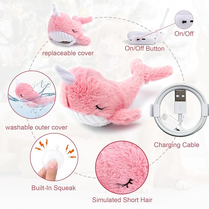 Mity rain 2 in 1 Interactive Dog Toys, Fish Dog Toy to Keep Them Busy, Plush Squeaky Dog Toys, Rechargeable Wiggly Pink Pet Toys for Small Medium Large Dogs, Moving Dog Toys for Indoor&Outdoor