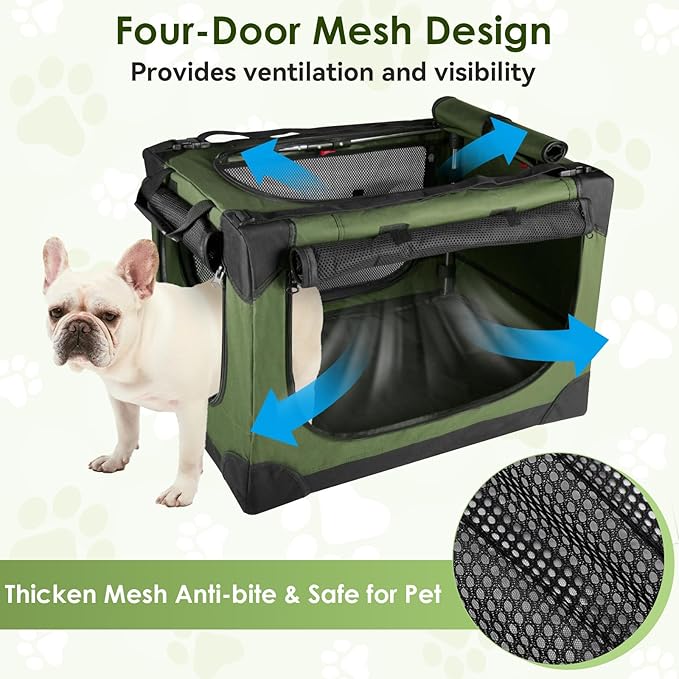 Soft Small Dog Crate - 24 inch Portable Travel Puppy Crate for Small Pets or 2 Cats, Collapsible Pet Carrier with 4 Mesh Doors, Car Kennel for Dogs with Handle for Indoor and Outdoor, Green