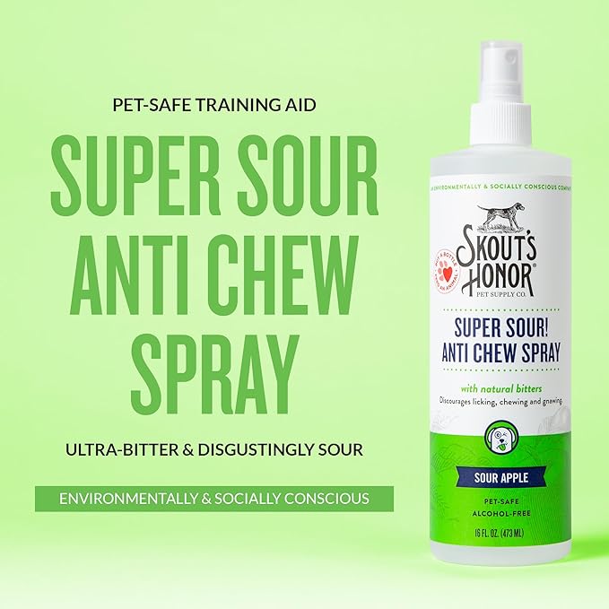 SKOUT'S HONOR Super Sour! Anti Chew Spray - Natural Ultra Bitter Formula to Help Deter That unwanted Chewing, Licking, and Biting - Safe for Pets - Safe for Indoor and Outdoor Use,16 oz