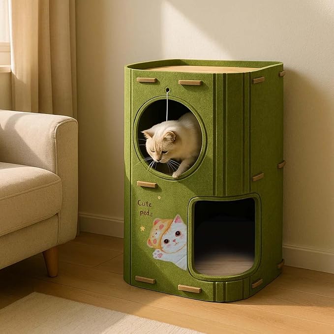 2-Tier Felt Cat House & Tunnel Bed for Indoor Cats – Enclosed Felt Cat Cave Condo with Plush Ball & Cushion – Cozy Hideaway Nest & Cat Furniture, Large Covered Casa para Gatos