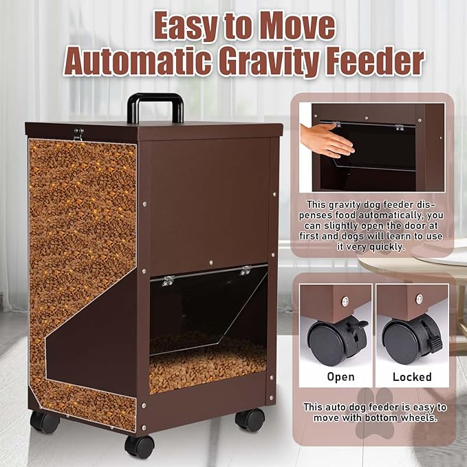 Galvanized Automatic Dog Feeder Large Breed 45 Pounds, Metal Dog Food Gravity Feeder Extra Large Automatic Pet Feeder, Easy to Move with Wheels