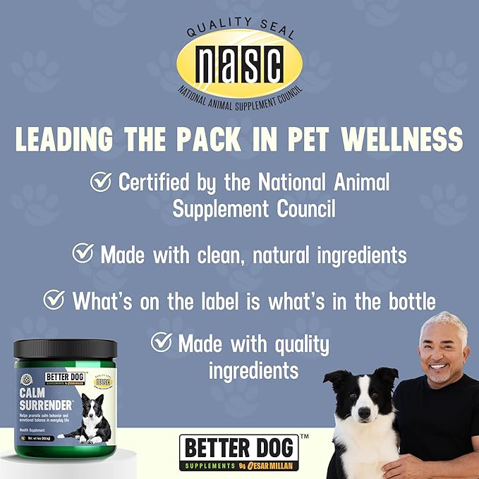 Better Dog Supplements Calm Surrender by Cesar Millan – Natural Dog Calming Powder for Stress, Anxiety, Grooming, Travel & Thunderstorms – Catnip, Chamomile & Valerian – 4oz, (60-Day Supply)
