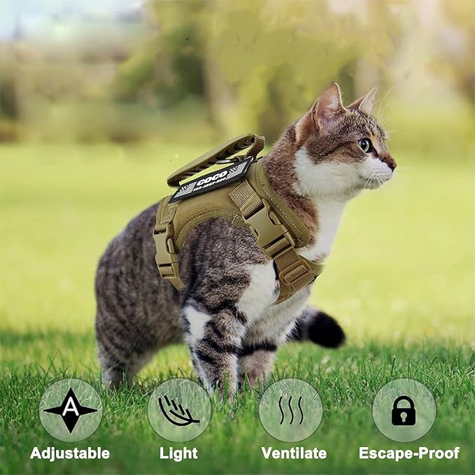 Tactical Cat Harness Escape Proof for Walking with Personalized Patches - Adjustable Cat Harness 8-20lbs Escape Proof - Soft Vest for Large Kitty with Optional Leash (Camo)