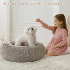 WNPETHOME Calming Dog Bed Cat Bed Donut, Faux Fur Pet Bed Self-Warming Donut Cuddler, Comfortable Round Plush Dog Beds (27 x 27 Inch, Light Coffee)