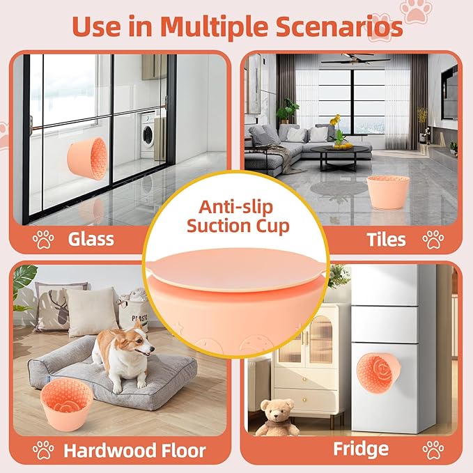 Dog Slow Feeder Lick Bowl, Non-Slip Dog Licking Treat Dispenser, Slow Feeder Bowls for Small Medium Large Breed Dogs, Anxiety Relief & Anti-Choking, BPA Free Silicone (Light Orange, 1.6 Cup)