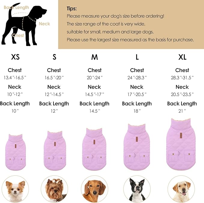 Dog Winter Coat for Small Dogs, Puppy Solid Jacket, Pet Warm Coat for Cold Weather, Windproof Pets Thickened Outfits Garments Indoor Outdoor, Lilac XS