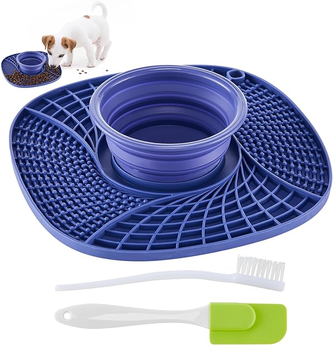 Lick Mat for Small Dogs and Cats with Suction Cups, Silicone Slow Feeder Lick Pad with Collapsible Bowl for Anxiety Relief, Pet Puzzle Treat Mat for Bathing Grooming Trimming (Purple)