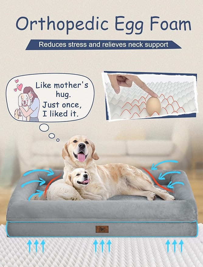 Orthopedic Washable Large Dog Bed, XL Dog Bed Egg-Crate Foam Bolster, Waterproof XL Big Pet Beds for Extra Large Dogs with Removable Cover, Gray