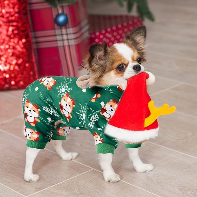 DaFuEn Dog Pajamas for Small Dogs Girl Warm Puppy Clothes Outfit for Chihuahua Yorkie Teacup Winter Pet Onesie Jumpsuit Cat Apparel Clothing (Christmas, XX-Small)