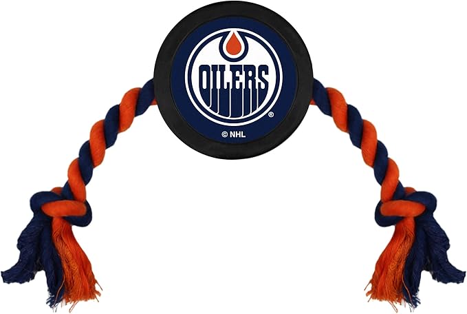 Pets First NHL Edmonton Oilers Puck Toy for Dogs & Cats. Play Hockey with Your Pet with This Licensed Dog Tough Toy Reward! 15 inches long