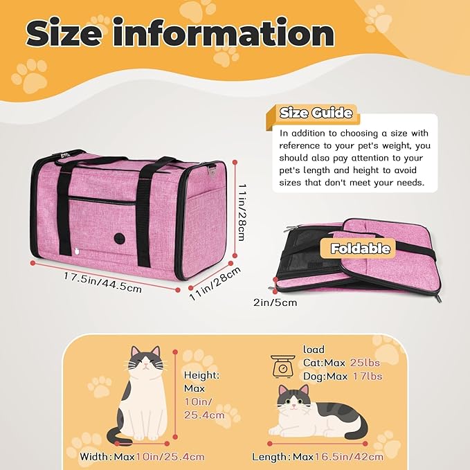 YUDODO 25 lbs Lightproof Soft Sided Pink Pet Carrier for Large Cat & Small Dog Airline Approved Travel Bag Puppy Carriers with Side Pockets & Reflective Mesh, Foldable Portable for Outdoor Car