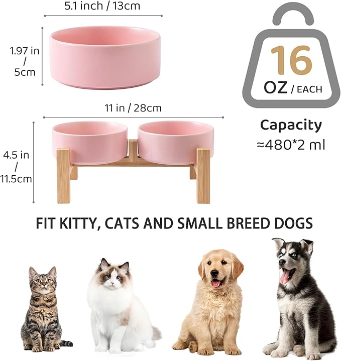 Elevated Ceramic Dog Bowl Set - Raised Dog Bowls with Non Slip Bamboo Stand, Food and Water Bowl Set for Kitty, Cats and Toy Breed Dogs, Pet Bowls, Weighted Dogs Dishes (5.1'', 2*16OZ, Pink)