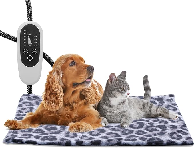 Tikaton MET Certified Pet Heating Pad, 2024 New Upgrade Heated Cat Bed Indoor with Auto Shut Off Timer, 6 Temperature Adjustable Pet Heating Pads (M: 28" x 16", BlackLeopard)