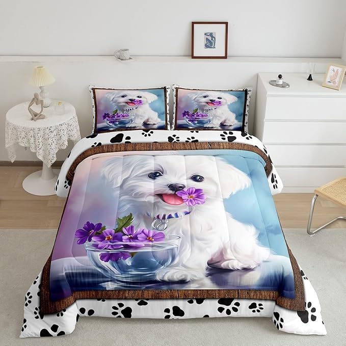 Erosebridal Cute Animal Bedding Set Twin White Dog Comforter Set, Kawaii Pet Bedding Comforters & Sets Cartoon Puppy Paws Duvet, Pink Purple Floral Flower Quilt Comforter Animal Theme Bedroom Decor