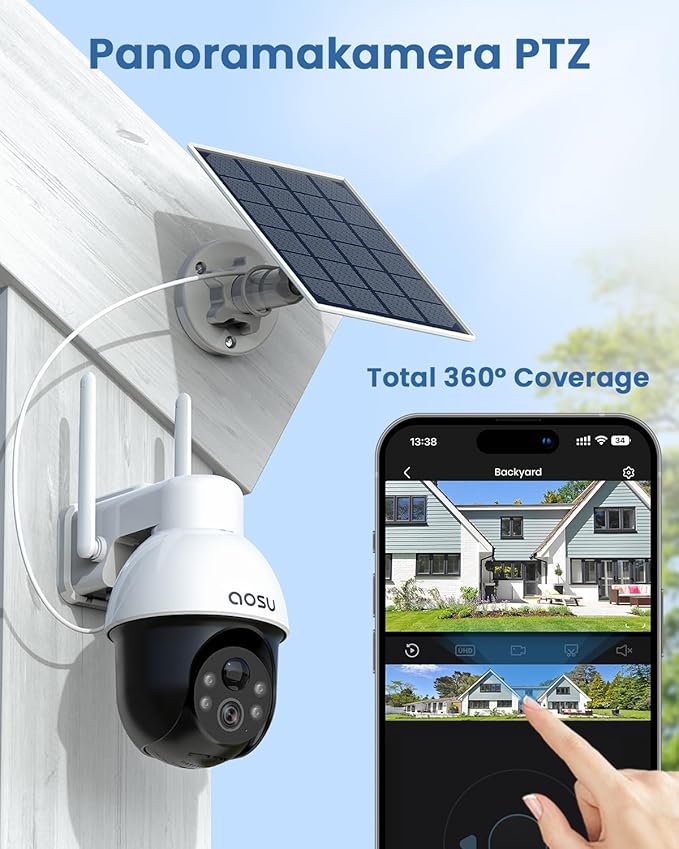 AOSU 3K/5MP Solar Security Cameras System Wireless Outdoor, Battery Powered WiFi Camera for Home Security, Panoramic PTZ, Auto Tracking, Human/Vehicle Detection, Color Night Vision (2 Pack)