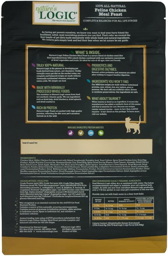 NATURE'S LOGIC Feline Chicken Meal Feast Cat Food - High-Protein Dry Food for Cats, 100% Natural Nutrition with Probiotics & Prebiotics - All Life Stages - Chicken, 3.3lbs (Pack of 3)