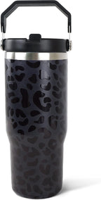 30oz Black Leopard Tumbler with Handle and Straw, Stainless Steel Vacuum Insulated Coffee Tumbler, Travel Mug Water Bottle, Leopard Stuff Accessories Decor, Leopard Gifts for Women