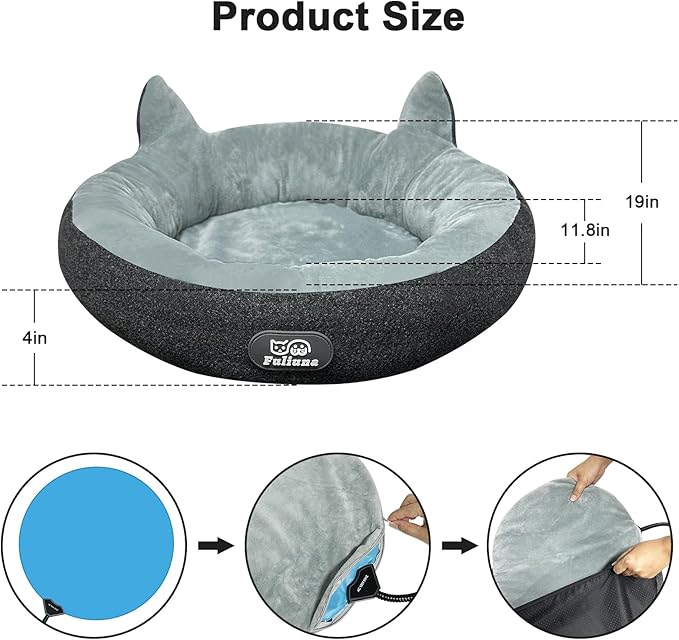 Heated Cat Bed for Indoor Cats, 19" Round Heated Pet Bed with Chew Resistant Cord. Soft & Cozy Electric Pet Heating Pad, Indoor Kitty Heating Bed Cat Heating Pad for Small and Medium Cats.
