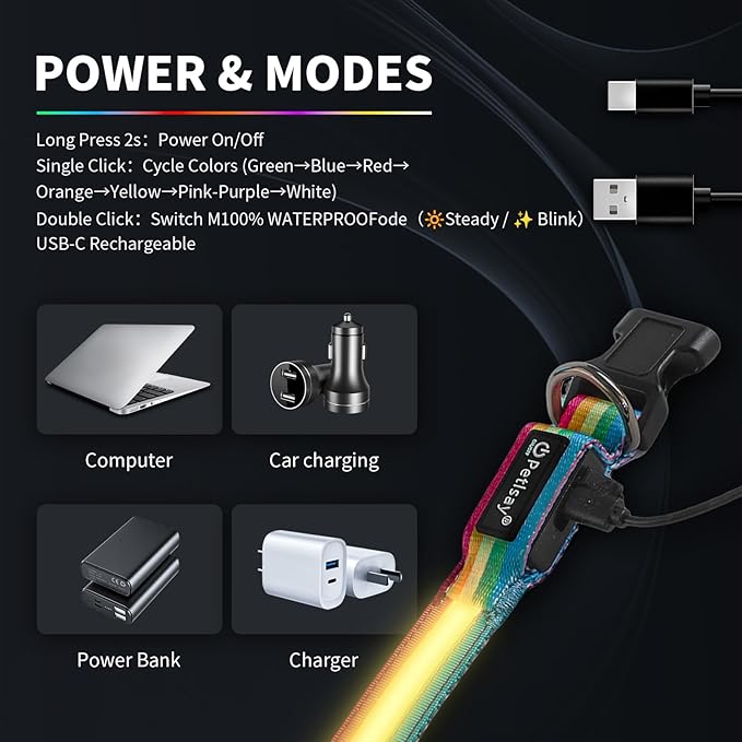 PetIsay LED Dog Collar - 7 Solid Colors & Memory - 300mAh Even Glow, No Half-Neck Light - USB-C Rechargeable, IPX7 Waterproof, Adjustable for Backyard, Hiking, Parties(Medium)