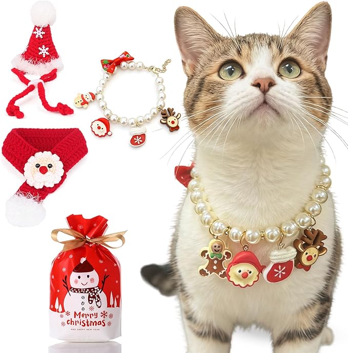 4Pcs Christmas cat Costume Accessories Set for Cats-Santa Hat, Pearl Necklace, Scarf with Gift Bag for Holiday Party Photo