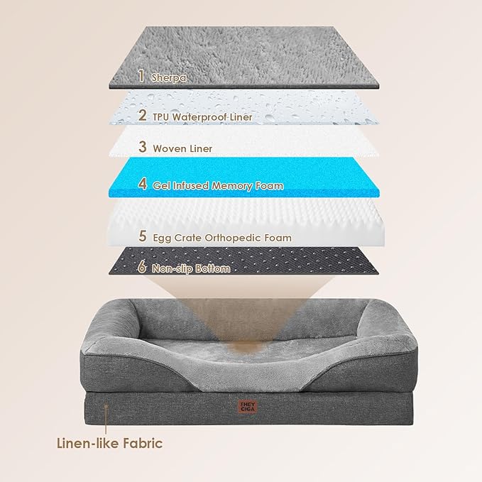 EHEYCIGA Memory Foam Dog Bed for Medium Size, Orthopedic Dog Sofa with Sides and Waterproof Liner, Washable Bolster Pet Couch with Removable Cover, 35x22x6.5 Inch, Grey