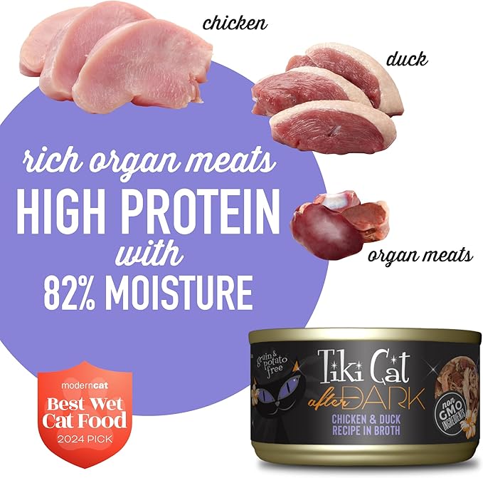 Tiki Cat After Dark, Chicken & Duck, High-Protein and 100% Non-GMO Ingredients, Wet Cat Food for Adult Cats, 2.8 oz. Cans (Pack of 12)