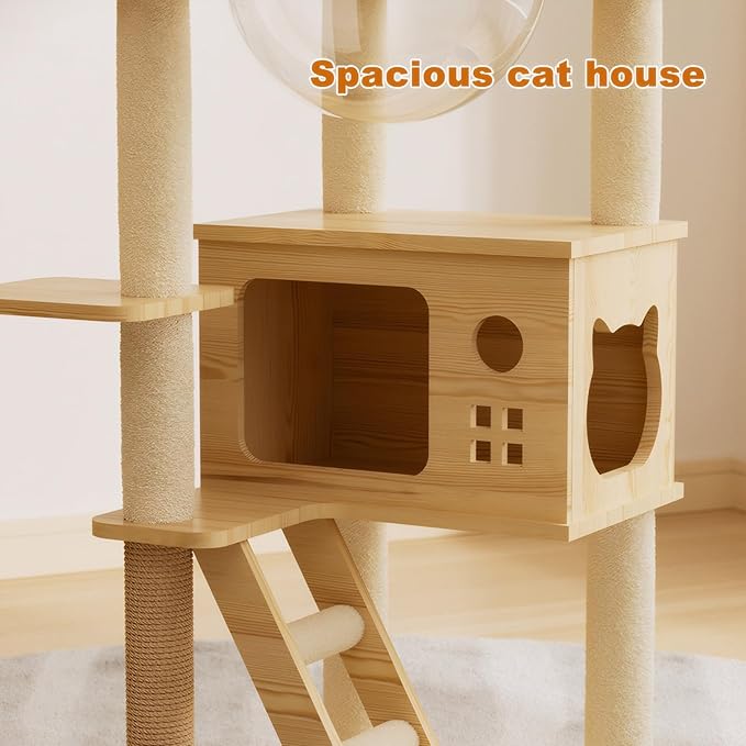 48.8" Cat Scratching Post, Tall Wood Cat Tree with Sisal-Covered Scratching Tower, Stable Cat Scratch Post for Indoor Cats, Modern Cat Tower with Top Perch & Acrylic Hammock for Small & Large Cats