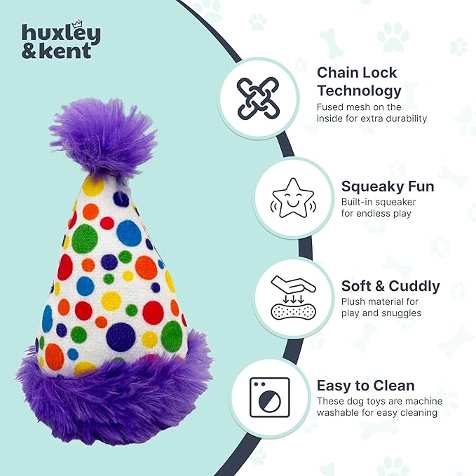 Huxley & Kent Funny Dog Toy w/Squeaker – Power Plush Squeaky Dog Toys for Small Dogs – Durable Small Stuffed Animal for Indoor Play & Fetch - Tiny Tuff Polka Dot Party Hat