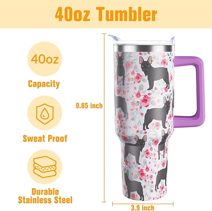 French Bulldog Gifts for Women Dog Lovers 40 oz Floral French Bulldog Tumblers with Handle and Straw, Stainless Steel Vacuum Insulated Travel Coffee Mug Cup Water Bottle