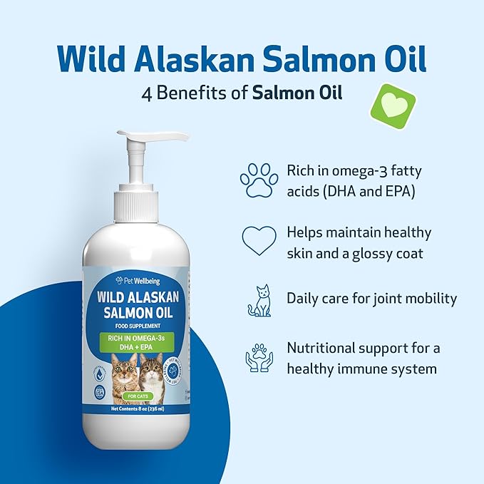 Pet Wellbeing Wild Alaskan Salmon Oil for Cats - Wild-Caught, Cold-Processed, Daily Omega-3 Fish Oil for Healthy Coat and Skin, Joint Mobility and Strength - EPA, DHA - 8 fl oz (236 ml)