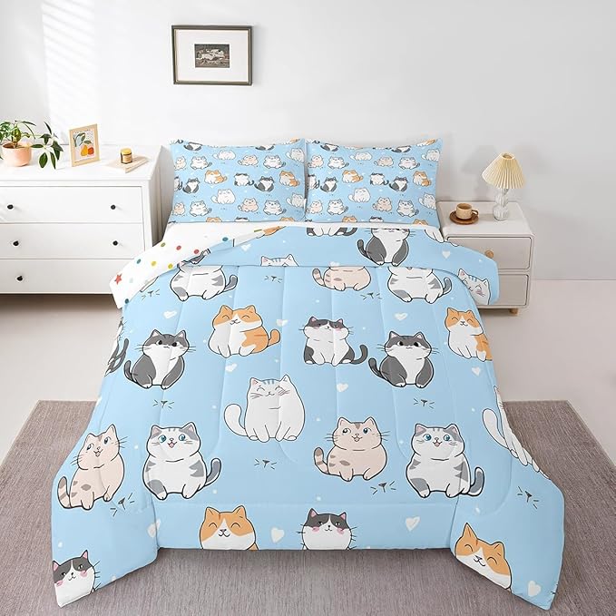 Erosebridal Cute Cat Comforter Set for Girls Blue Bedding Set King Kawaii Animal Pet Bedding Sets & Collections Cartoon Kitten Pattern Down Comforter All-Season Microfiber Bed Sets with 2 Pillowcases